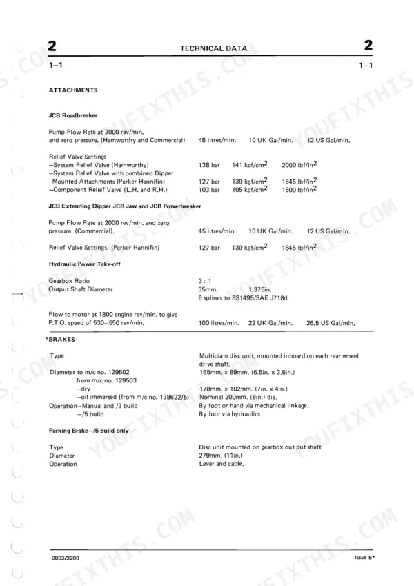 JCB 2D, 2DS, 3, 3C, 3CS, 3D, 700 technical data table for attachments, hydraulic power take-off, and brake specifications.