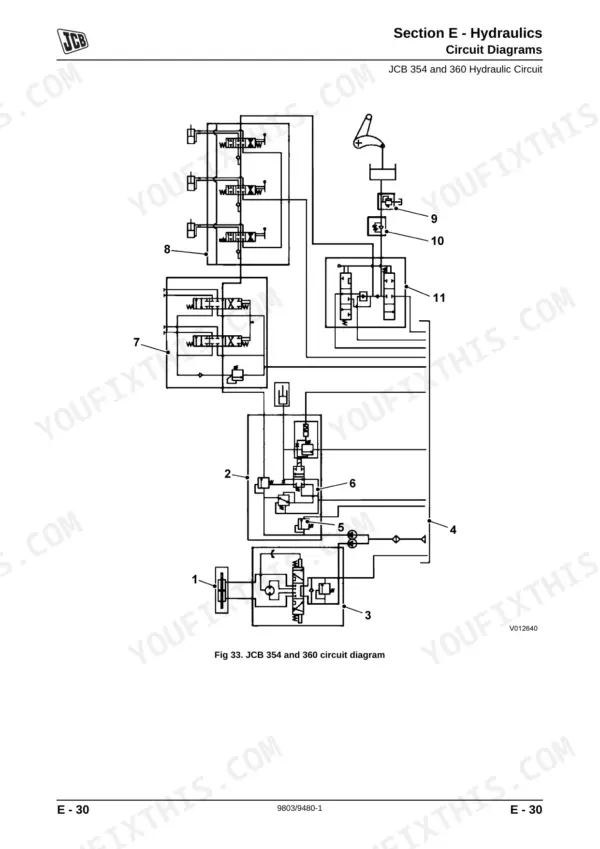 JCB 354, 360, JCB 354, JCB 360, 404C-22T hydraulic circuit diagram showing valves, pumps, and system connections.