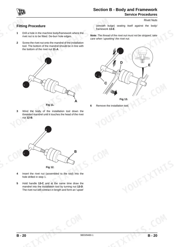 JCB 354, 360, JCB 354, JCB 360, 404C-22T service manual page showing rivet nut installation tool fitting procedure.