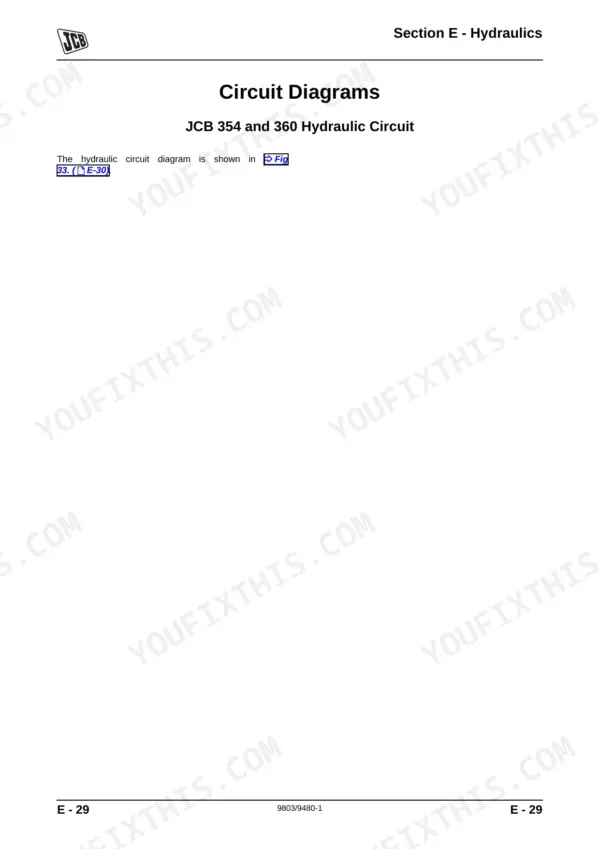JCB 354, 360, JCB 354, JCB 360, 404C-22T hydraulic circuit diagram reference page for Section E Hydraulics.