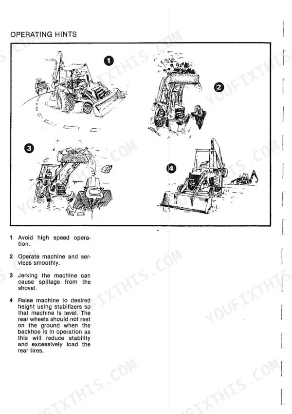 JCB 3C 1400B, 3C 1500B, 3CX SITEMASTER, 3D 1700B, 4CN, 3C 1550B, 3C1400B, 3C1550B, 3D1700B backhoe loader operating hints diagrams.