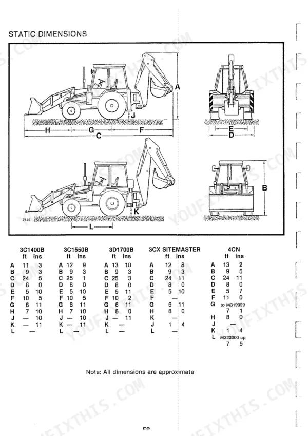 JCB 3C 1400B, 3C 1500B, 3CX SITEMASTER, 3D 1700B, 4CN, 3C 1550B, 3C1400B, 3C1550B, 3D1700B static dimensions diagram and table.