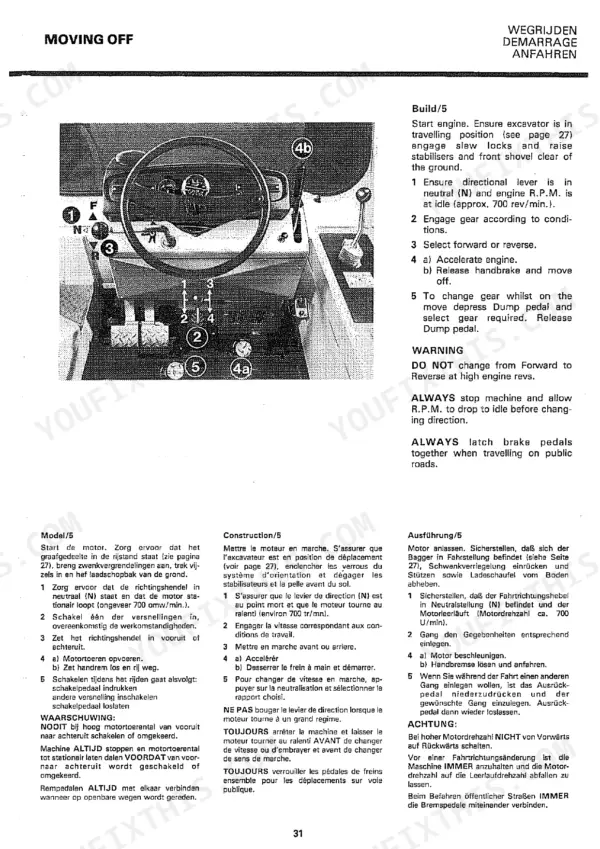 JCB 3C MK III, 3D MK III operator manual page showing moving off procedures, controls diagram, and gear shifting steps.