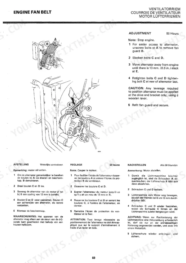 JCB 3C MK III, 3D MK III engine fan belt adjustment procedure, showing alternator tensioning steps and fan guard removal.