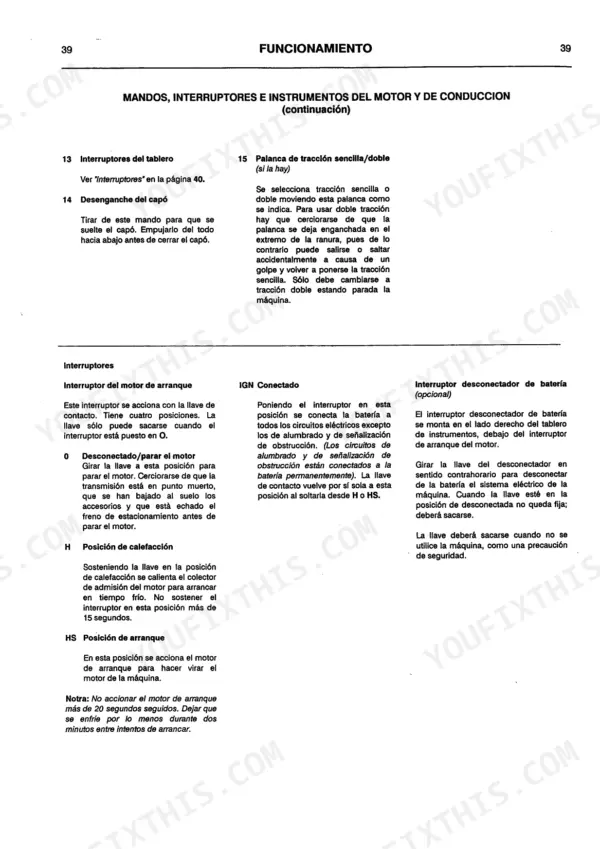 JCB 3C, 3CX, 3D, 4C TURBO, 4CN, SITEMASTER, Hammermaster manual page 39: controls, ignition switch, and battery isolator.