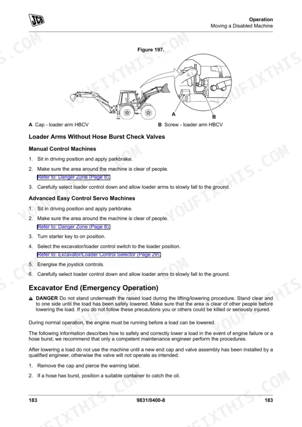 JCB 3CX, 4CX, 5CX procedure for lowering loader arms and emergency operation of the excavator end with HBCV diagram.