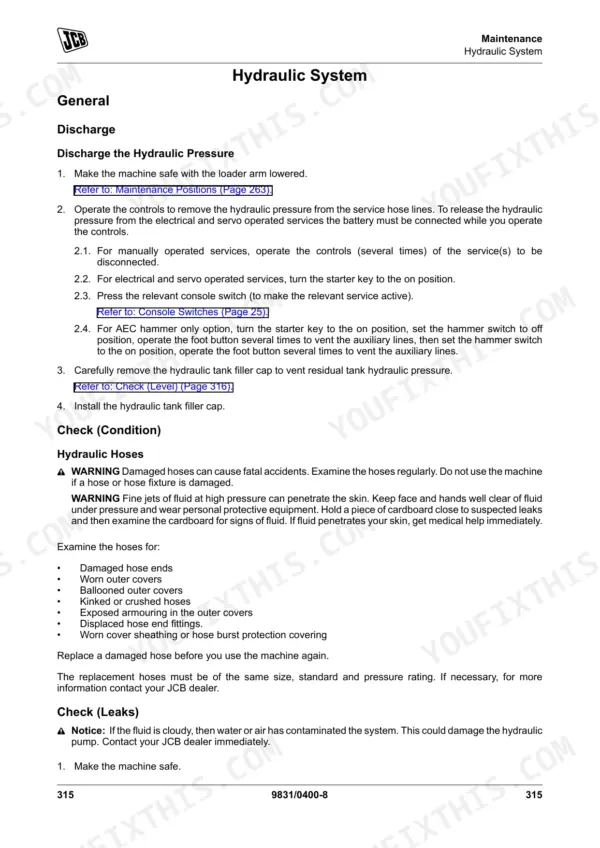 JCB 3CX, 4CX, 5CX maintenance manual page for discharging hydraulic pressure and checking hoses and leaks.