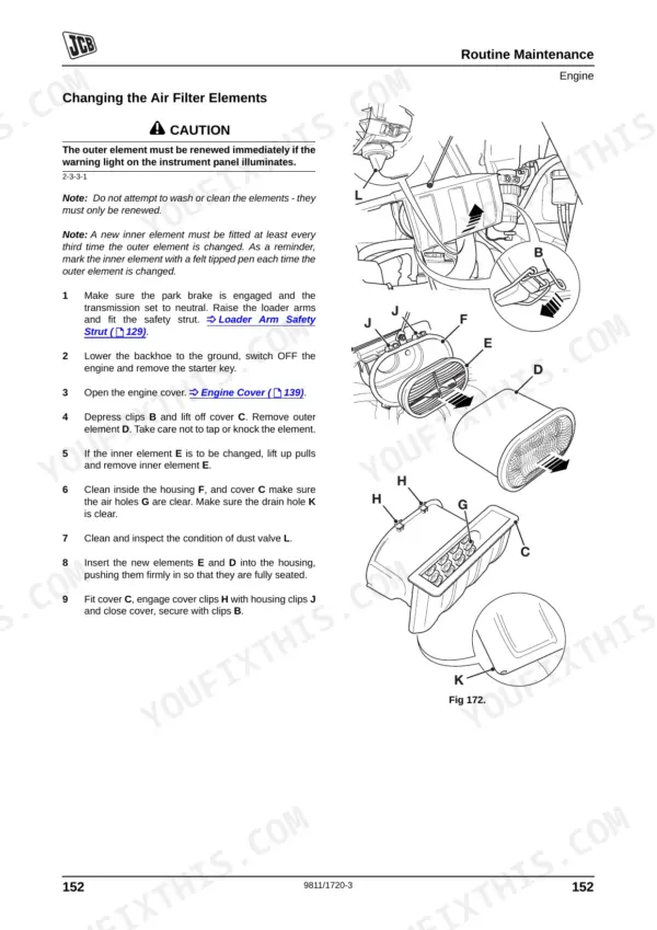 JCB 3CX, 4CX service manual page showing procedure for changing engine air filter elements and housing components.