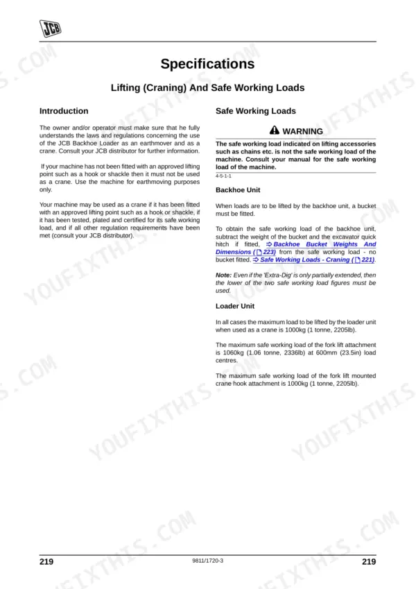 JCB 3CX, 4CX specifications page for lifting and safe working loads for backhoe and loader units.