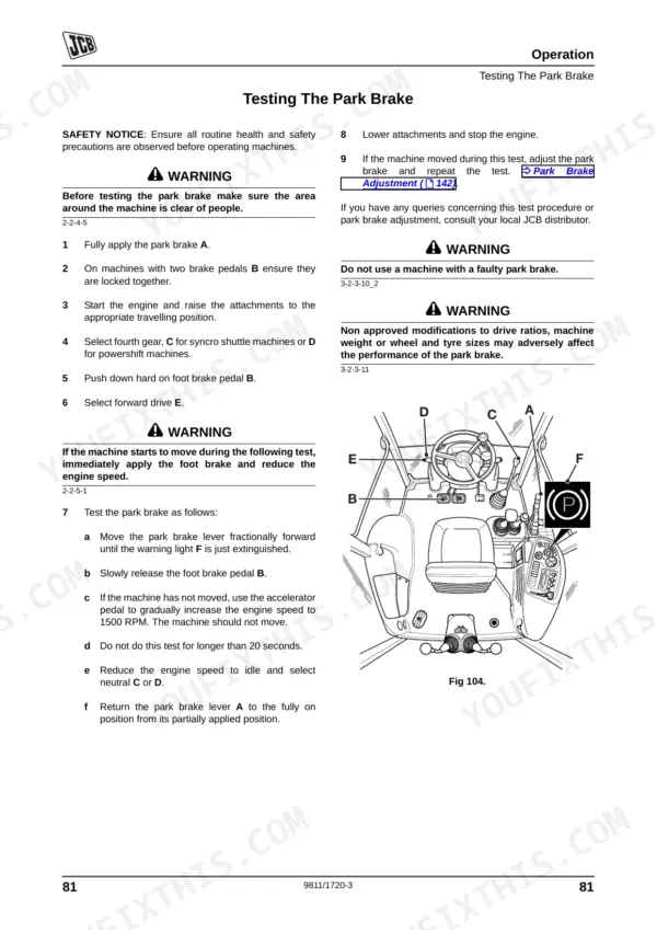 JCB 3CX, 4CX operator manual page showing step-by-step procedure for testing the park brake with cabin control diagram.