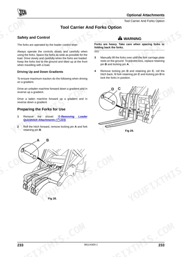JCB 3CX, 4CX manual page showing safety, operation, and installation procedures for the tool carrier and forks attachment.
