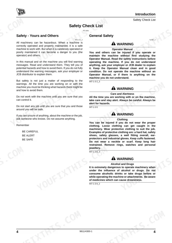JCB 3CX, 4CX service manual page detailing general safety check list, operator warnings, and protective clothing requirements.