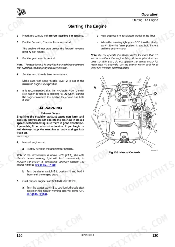 JCB 3CX, 4CX ECO engine starting procedure and manual controls diagram showing gear levers, throttle, and starter switch.