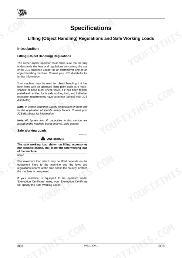 JCB 3CX, 4CX ECO specifications page for lifting regulations and safe working load guidelines for object handling.