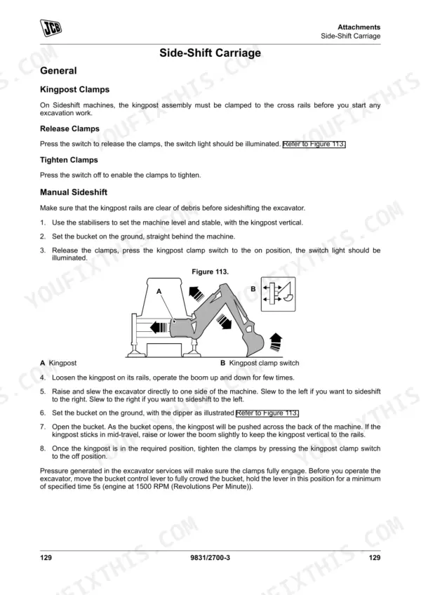 JCB 3CX side-shift carriage manual operation procedure, including kingpost clamp release and tightening instructions.