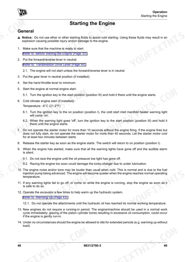 JCB 3CX operator manual page detailing step-by-step procedures for starting the engine in normal and cold conditions.