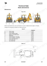 jcb-3cx-backhoe-loader-operator-manual-en-9821-9250-issue-7-01-2018-specs-237.webp JCB 3CX technical data page showing static dimensions, machine diagrams, and a table of length, height, and clearance specs.
