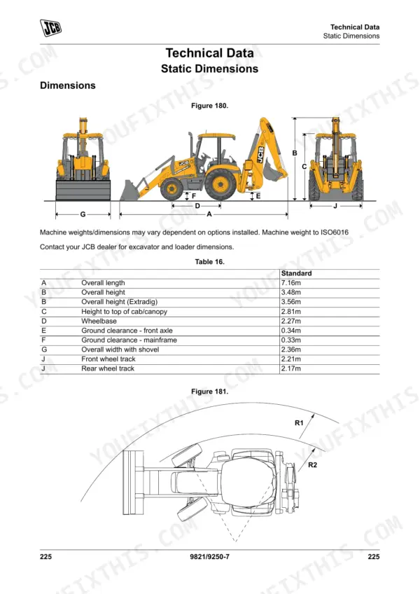 JCB 3CX technical data page showing static dimensions, machine diagrams, and a table of length, height, and clearance specs.