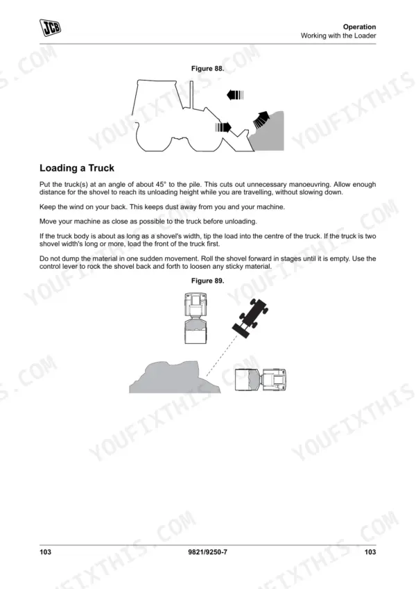 JCB 3CX operation manual page showing procedures and diagrams for loading a truck with the loader shovel.
