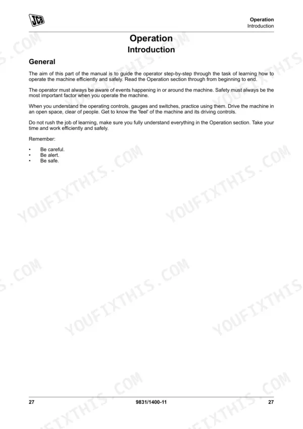 JCB 3CX Compact operation manual introduction page covering general safety and machine operating guidelines.