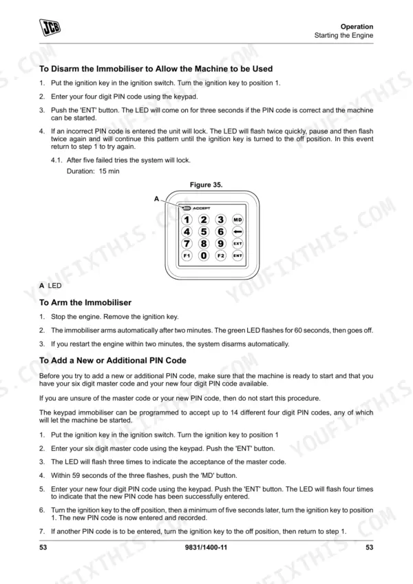 JCB 3CX Compact immobiliser keypad operation, PIN code entry, and programming procedures with Figure 35 diagram.