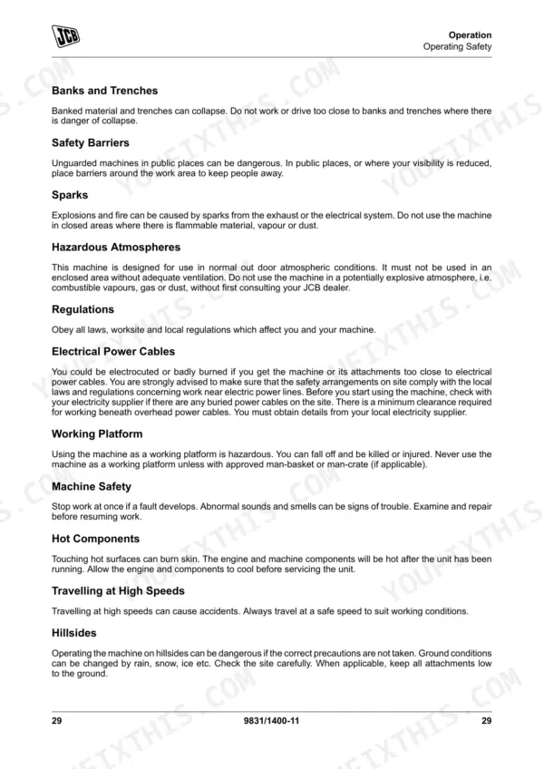 JCB 3CX Compact operator manual page detailing operating safety procedures for trenches, electrical cables, and hillsides.