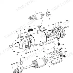 JCB 3CX, 4CX, 214, 215, 217 exploded view diagram of the electric starter motor assembly components.