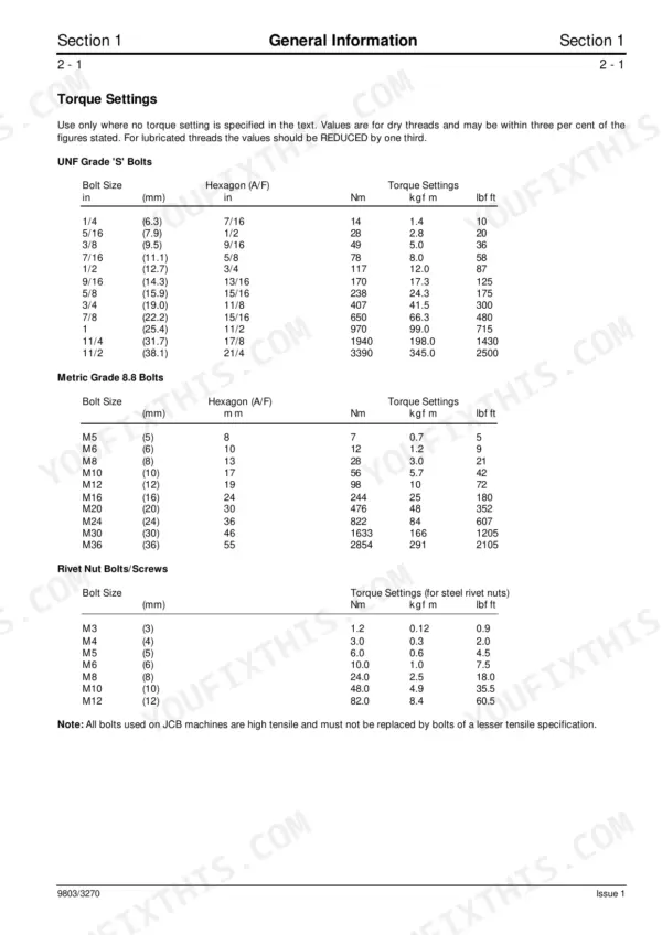 JCB 3CX, 4CX, 214, 215, 217 torque settings table for UNF Grade S, Metric Grade 8.8 bolts, and steel rivet nuts.