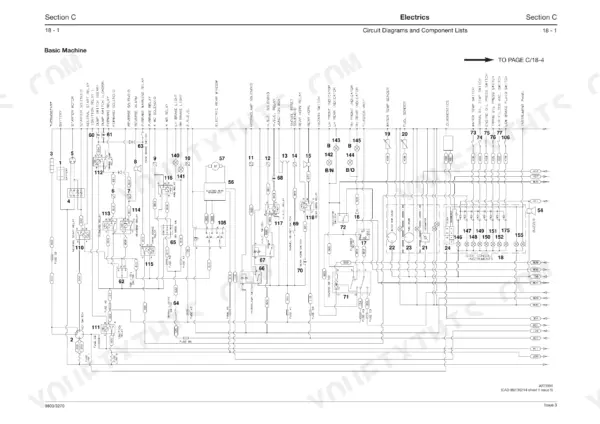 JCB 3CX, 4CX, 214, 215, 217 basic machine electrical circuit diagram showing relays, switches, and instrument panel wiring.