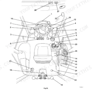 JCB 3CX ECO, 4CX ECO manual controls cab layout diagram showing steering wheel, seat, and operator lever positions.
