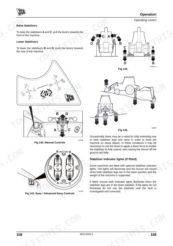 JCB 3CX ECO, 4CX ECO manual controls and operation procedures for stabiliser levers and indicator lights.