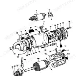 JCB 3CX, 4CX, & Variants, Variants: Exploded view diagram of the starter motor assembly and internal components.