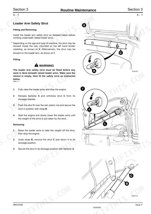 JCB 3CX, 4CX, & Variants: Procedure for fitting and removing the loader arm safety strut with diagrams.