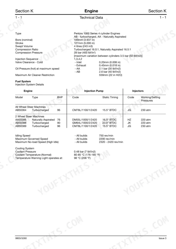 JCB 3CX, 4CX, & Variants, Perkins 1000 Series engine technical data, fuel system specs, and injection pump settings table.
