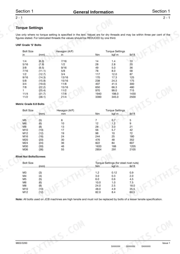 JCB 3CX, 4CX, & Variants, Variants: Torque settings table for UNF Grade S, Metric Grade 8.8 bolts, and rivet nut screws.