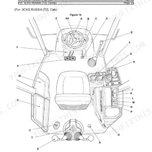 JCB 3CXG, Excavator-Loader (Wheeled) operator station diagram showing controls, steering wheel, and component locations.