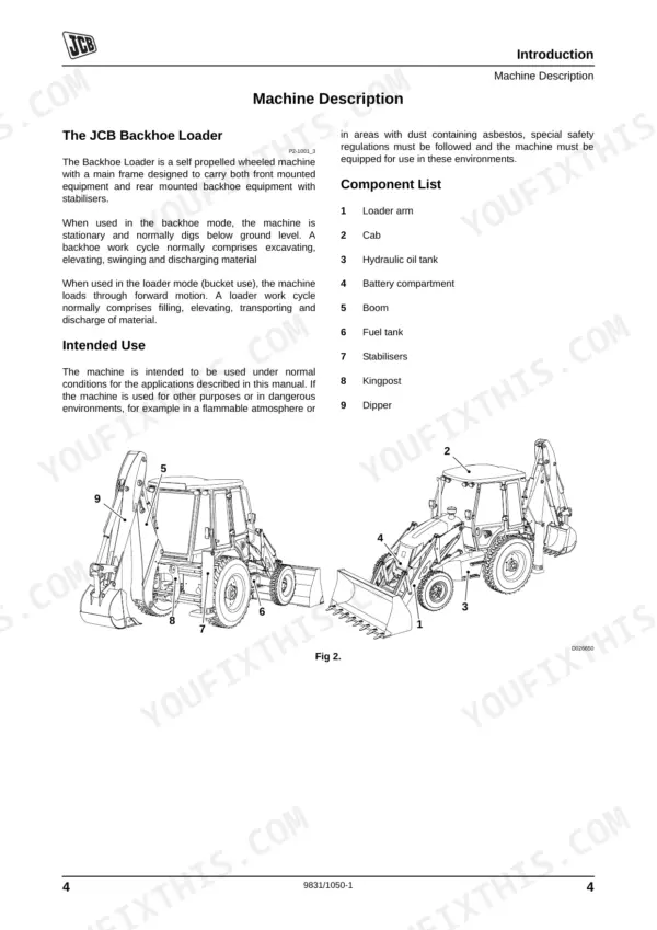 JCB 3DX SUPER machine description with component list and labeled diagrams of loader arm, cab, and backhoe assemblies.