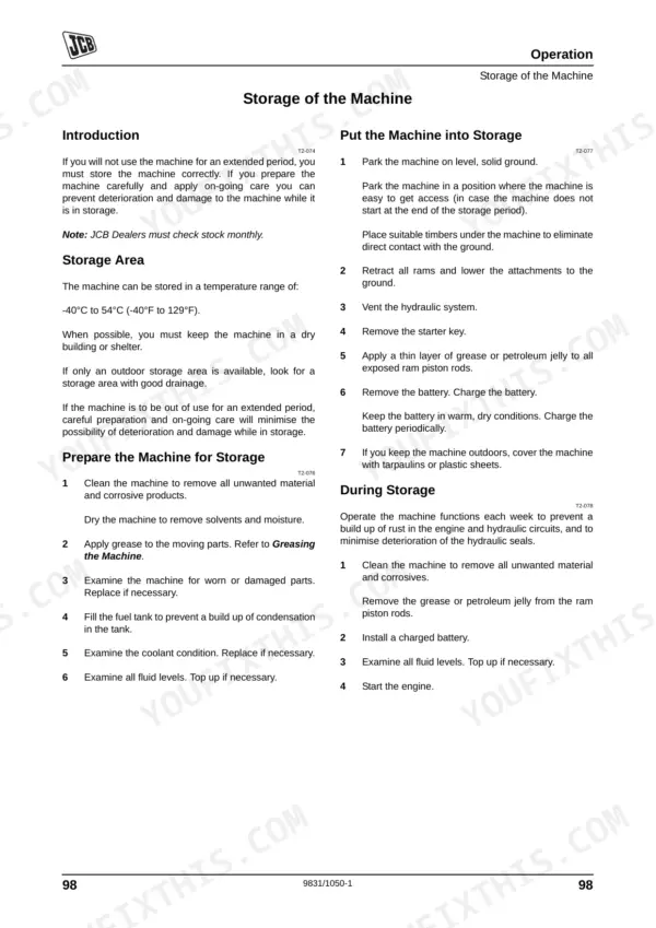 JCB 3DX SUPER machine storage procedures, including preparation, long-term storage steps, and maintenance during storage.