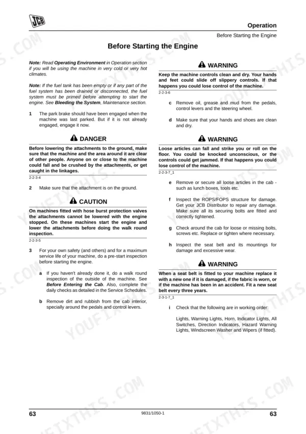 JCB 3DX SUPER operator manual page detailing pre-start safety checks, engine starting procedures, and cab inspection steps.