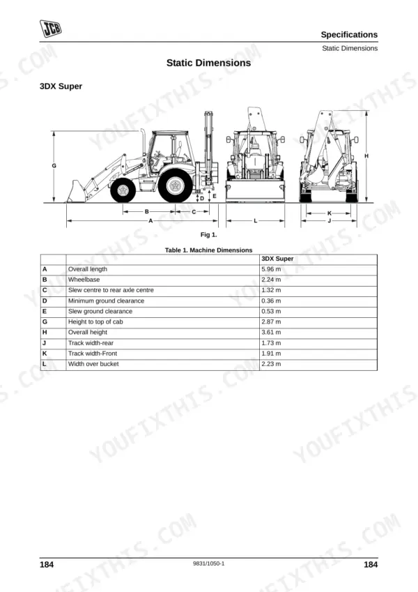 JCB 3DX SUPER static dimensions diagram and machine specifications table showing length, wheelbase, and ground clearance.
