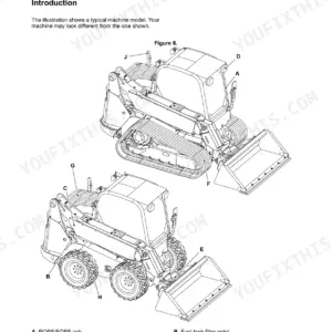 JCB 3TS-8T, 3TS-8W main component location diagram showing ROPS cab, lift arm, fuel tank, and tracks or wheels.
