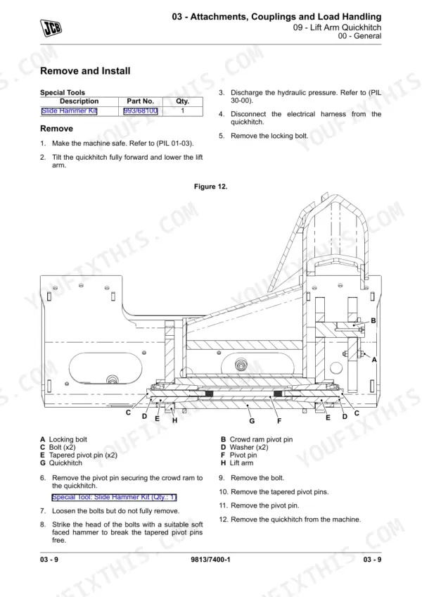 JCB 3TS-8T, 3TS-8W lift arm quickhitch removal and install procedure with component diagram and parts list.