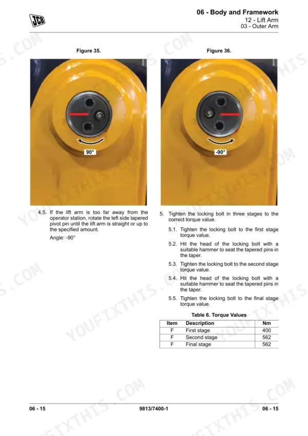 JCB 3TS-8T, 3TS-8W lift arm tapered pivot pin adjustment procedure and locking bolt torque values table.