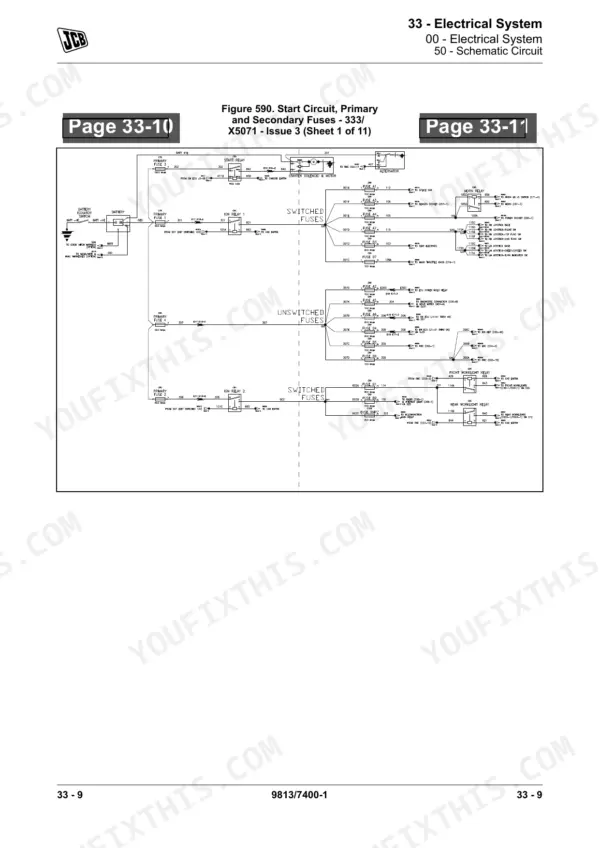 JCB 3TS-8T, 3TS-8W electrical system schematic showing start circuit, primary and secondary fuses, and relays.