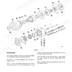 JCB 403, JCB 403 exploded view diagram for hydraulic motor dismantling and assembly procedures.