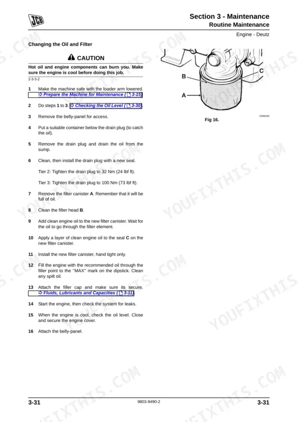JCB 403, JCB 403 maintenance procedure for changing the Deutz engine oil and filter with diagram of filter canister.