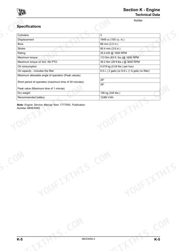 JCB 403, JCB 403 engine technical data specifications table including displacement, bore, stroke, and oil capacity.