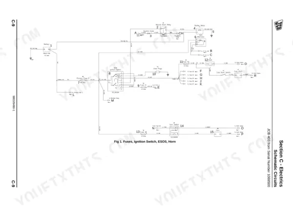JCB 403, JCB 403 electrical schematic showing battery, ignition switch, fuses, glow plugs, ESOS, and horn circuits.
