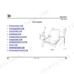JCB 403 operator manual cab layout diagram showing steering wheel, pedals, loader controls, and switches.
