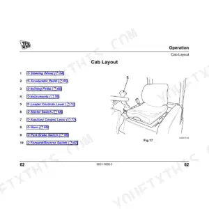 JCB 403 operator manual cab layout diagram showing steering wheel, pedals, loader controls, and switches.
